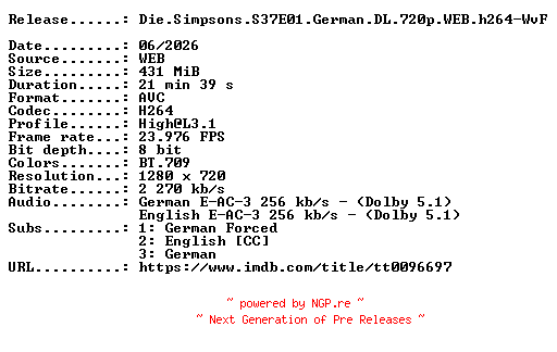 NFO for the release Die.Simpsons.S37E01.German.DL.720p.WEB.h264-WvF by WvF