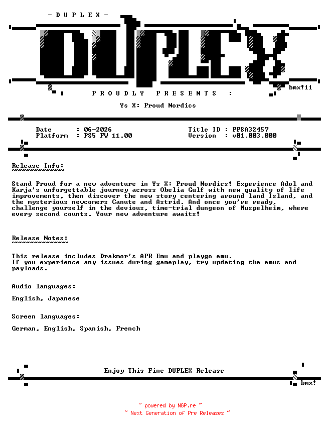 NFO for the release Ys.X.Proud.Nordics.PS5-DUPLEX by DUPLEX