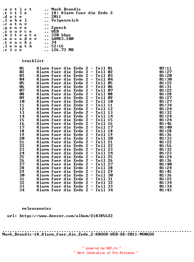 NFO for the release Mark_Brandis-F18_Alarm_fuer_die_Erde_2-ABOOK-WEB-DE-2011-MONGOS by MONGOS