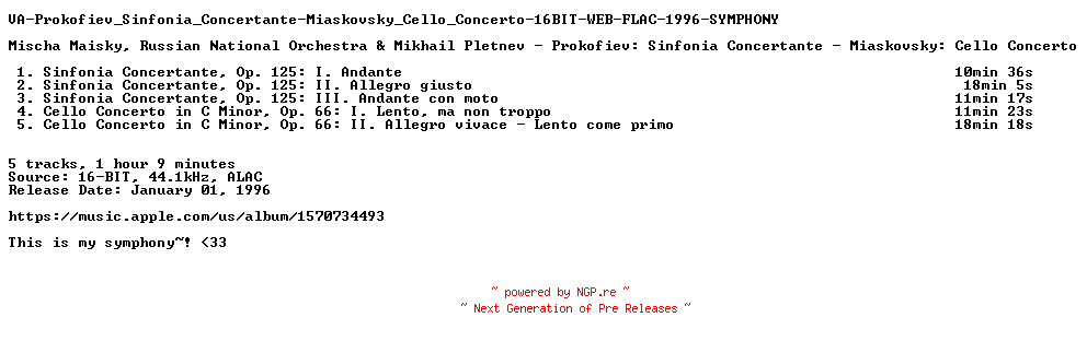 NFO for the release VA-Prokofiev_Sinfonia_Concertante-Miaskovsky_Cello_Concerto-16BIT-WEB-FLAC-1996-SYMPHONY by SYMPHONY