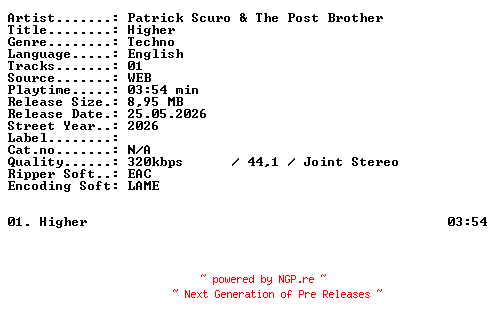 NFO for the release Patrick_Scuro_and_The_Post_Brother-Higher-SINGLE-WEB-2026-XTC_iNT by XTC_iNT