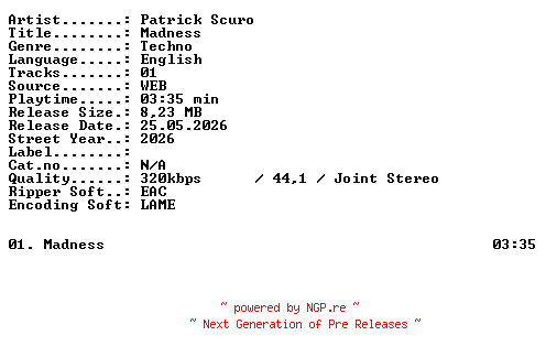 NFO for the release Patrick_Scuro-Madness-SINGLE-WEB-2026-XTC_iNT by XTC_iNT