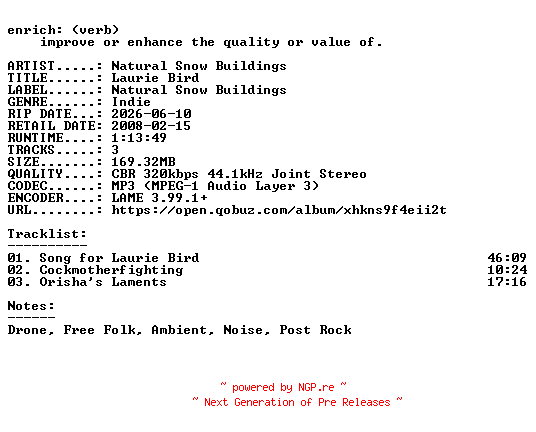 NFO for the release Natural_Snow_Buildings-Laurie_Bird-WEB-2008-ENRiCH by ENRiCH
