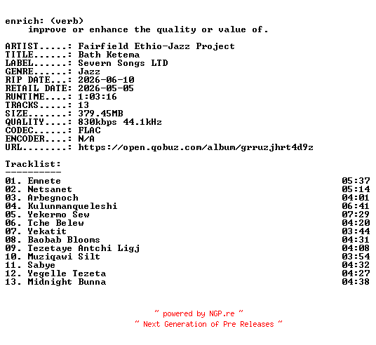 NFO for the release Fairfield_Ethio-Jazz_Project-Bath_Ketema-16BIT-WEB-FLAC-2026-ENRiCH by ENRiCH