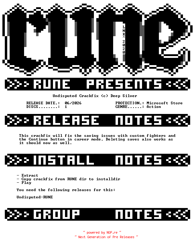 NFO for the release Undisputed.Crackfix-RUNE by RUNE
