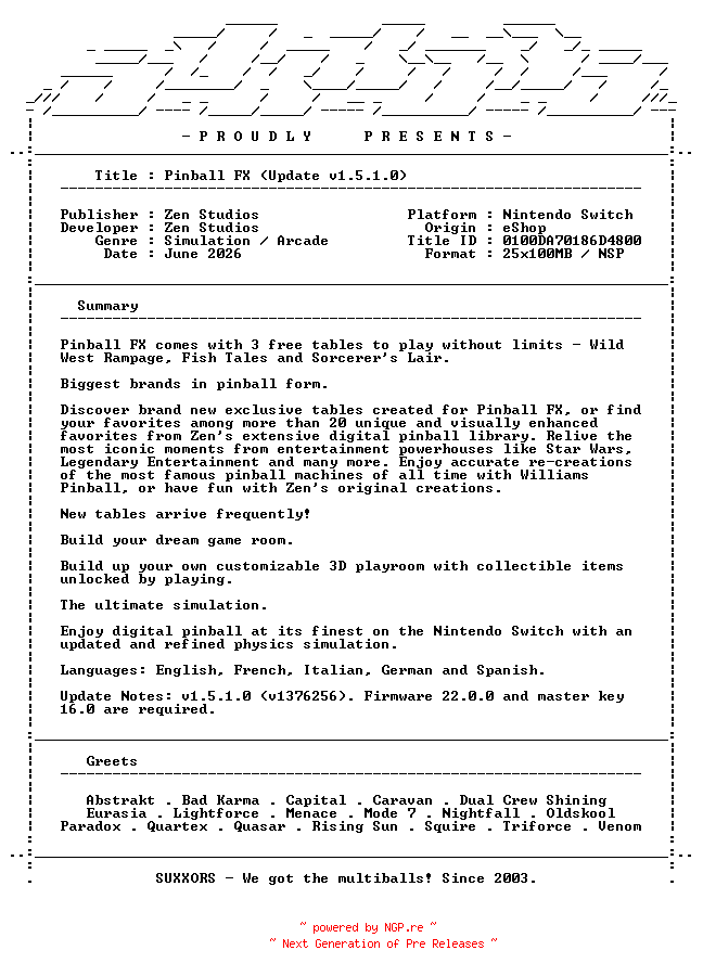 NFO for the release Pinball_FX_Update_v1.5.1.0_INTERNAL_NSW-SUXXORS by SUXXORS