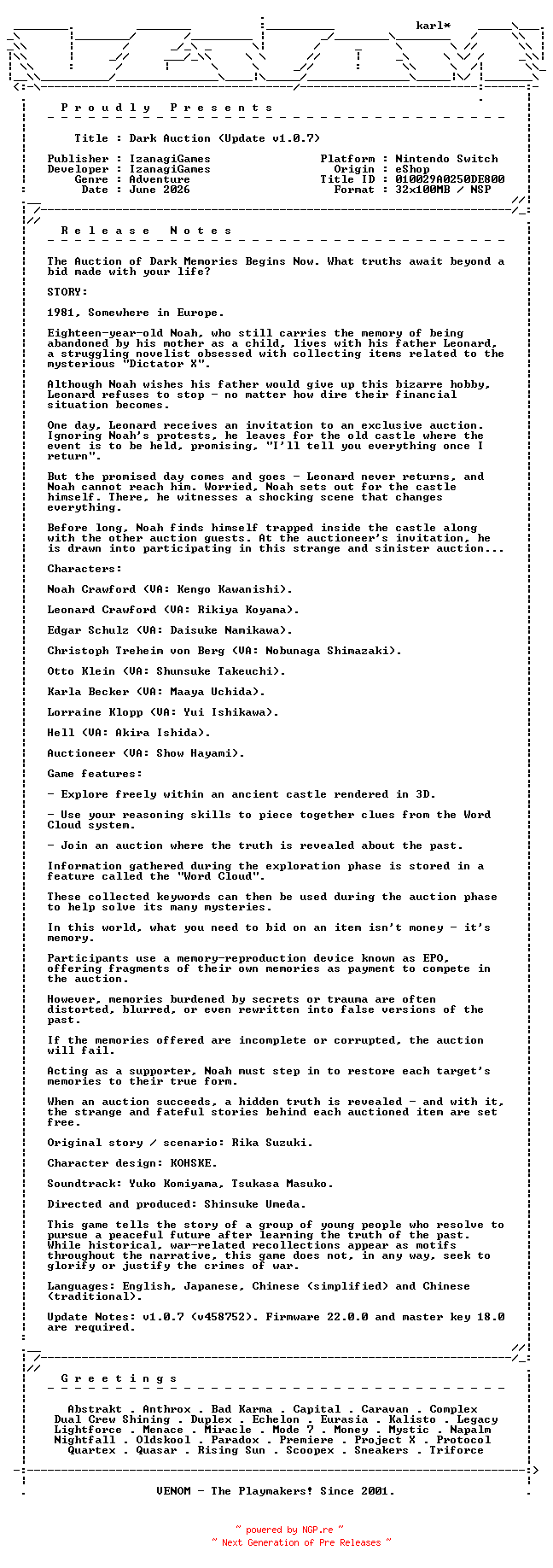 NFO for the release Dark_Auction_Update_v1.0.7_NSW-VENOM by VENOM