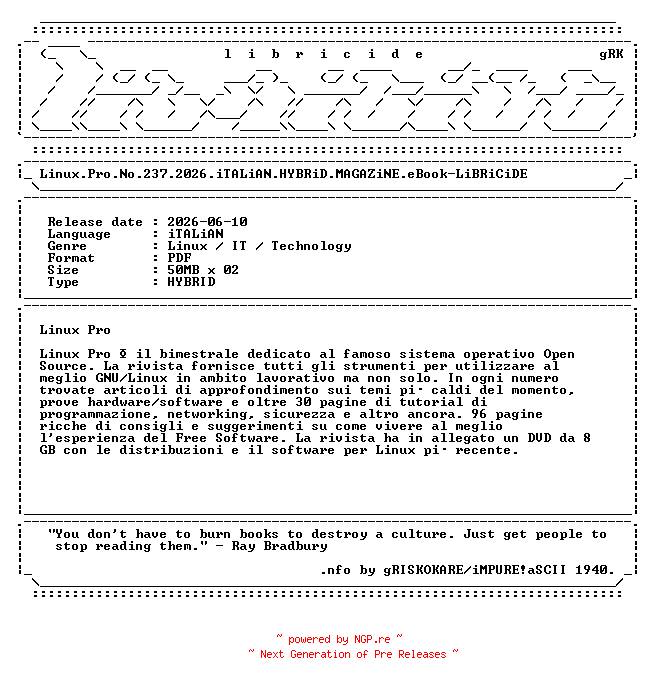 NFO for the release Linux.Pro.No.237.2026.iTALiAN.HYBRiD.MAGAZiNE.eBook-LiBRiCiDE by LiBRiCiDE