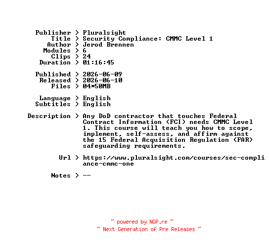 NFO for the release Pluralsight.Security.Compliance.CMMC.Level.1.2026.BOOKWARE-GETH by GETH