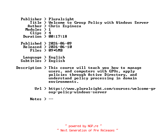 NFO for the release Pluralsight.Welcome.to.Group.Policy.with.Windows.Server.2026.BOOKWARE-GETH by GETH