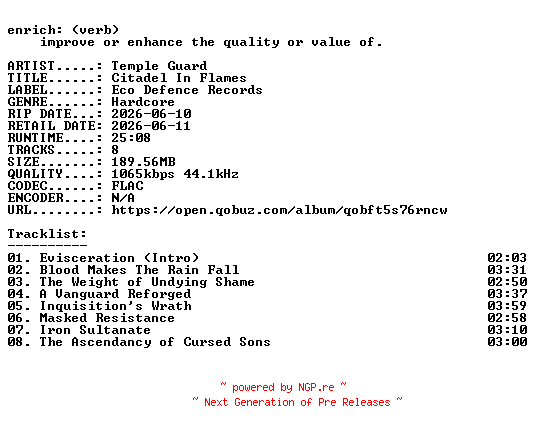 NFO for the release Temple_Guard-Citadel_In_Flames-16BIT-WEB-FLAC-2026-ENRiCH by ENRiCH