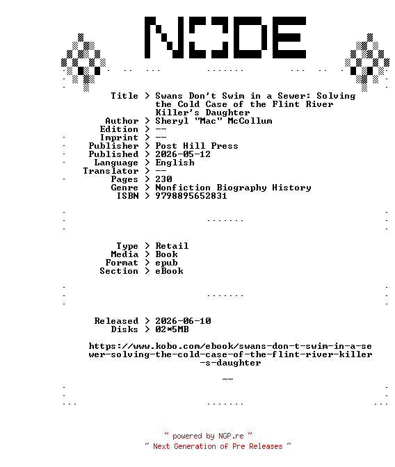 NFO for the release Sheryl.Mac.McCollum.Swans.Dont.Swim.in.a.Sewer.Solving.the.Cold.Case.of.the.Flint.River.Killers.Daughter.2026.RETAiL.EPUB.eBook-NODE by NODE