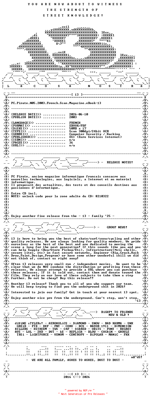 NFO for the release PC.Pirate.N05.2003.French.Scan.Magazine.eBook-13 by 13