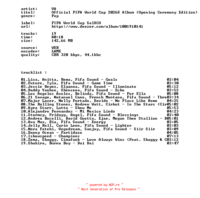 NFO for the release VA_-_Official_FIFA_World_Cup_2026_Album_(Opening_Ceremony_Edition)-WEB-2026-BITCOINS by BITCOINS