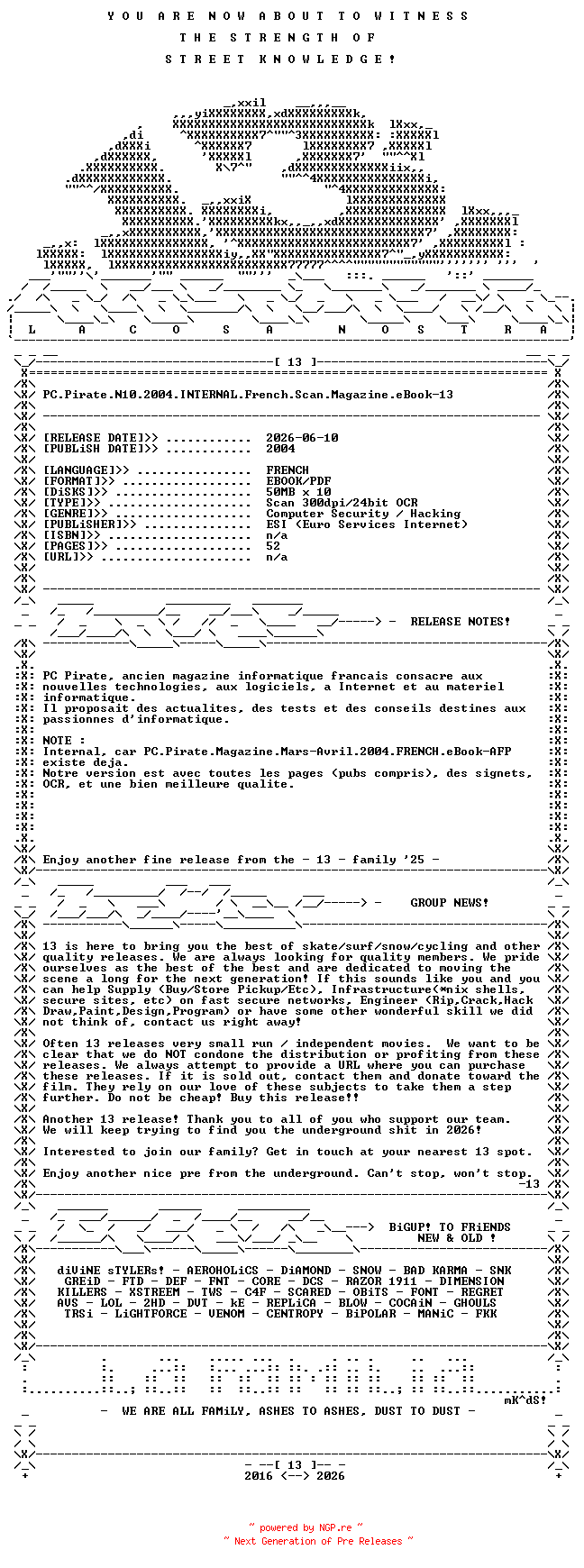NFO for the release PC.Pirate.N10.2004.INTERNAL.French.Scan.Magazine.eBook-13 by 13
