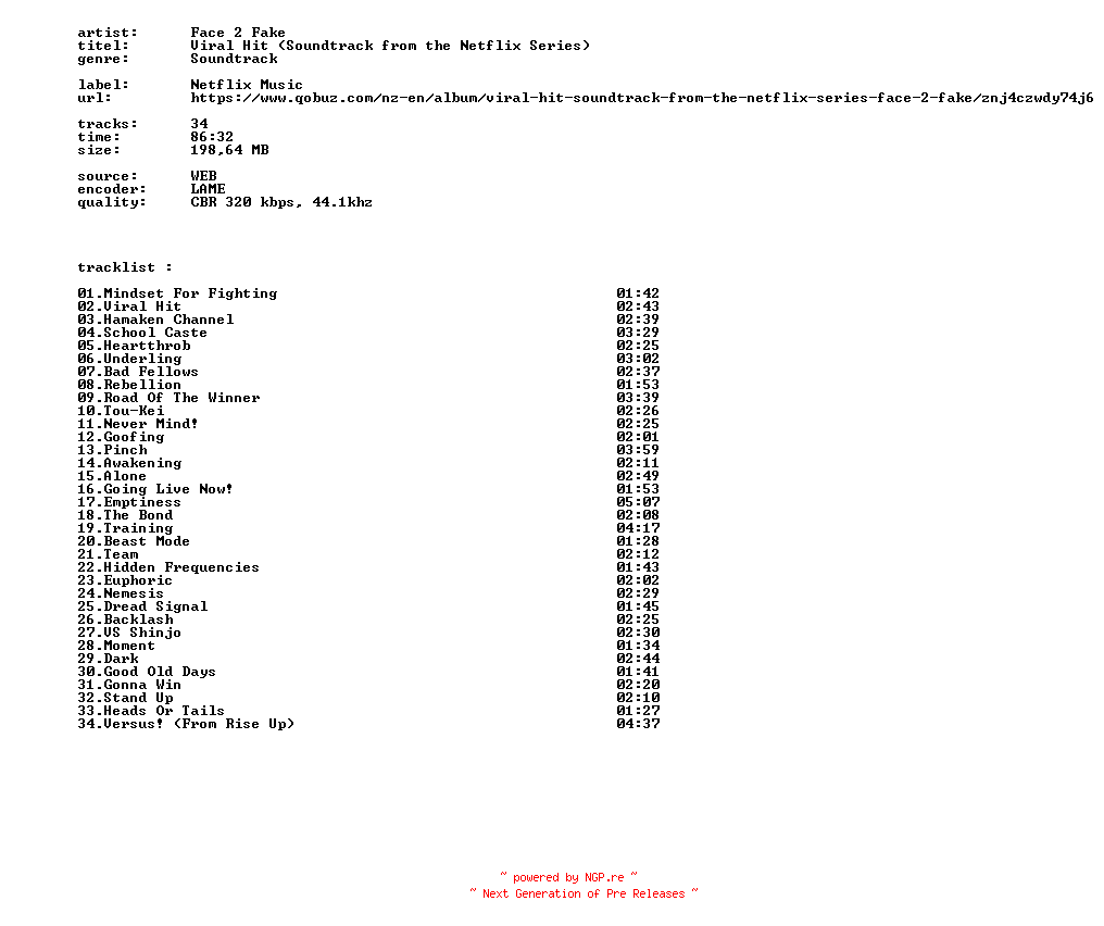 NFO for the release Face_2_Fake_-_Viral_Hit_(Soundtrack_From_The_Netflix_Series)-OST-WEB-2026-BITCOINS by BITCOINS
