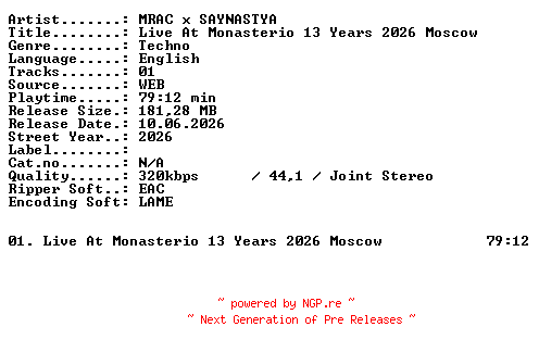 NFO for the release MRAC_x_SAYNASTYA-Live_At_Monasterio_13_Years_2026_Moscow-WEB-2026-XTC_iNT by XTC_iNT