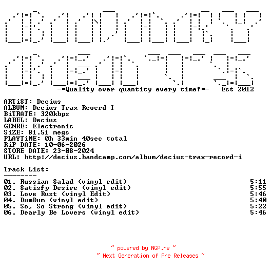 NFO for the release Decius-Decius_Trax_Reocrd_I-(DTXLP01)-WEB-2024-BB by BB
