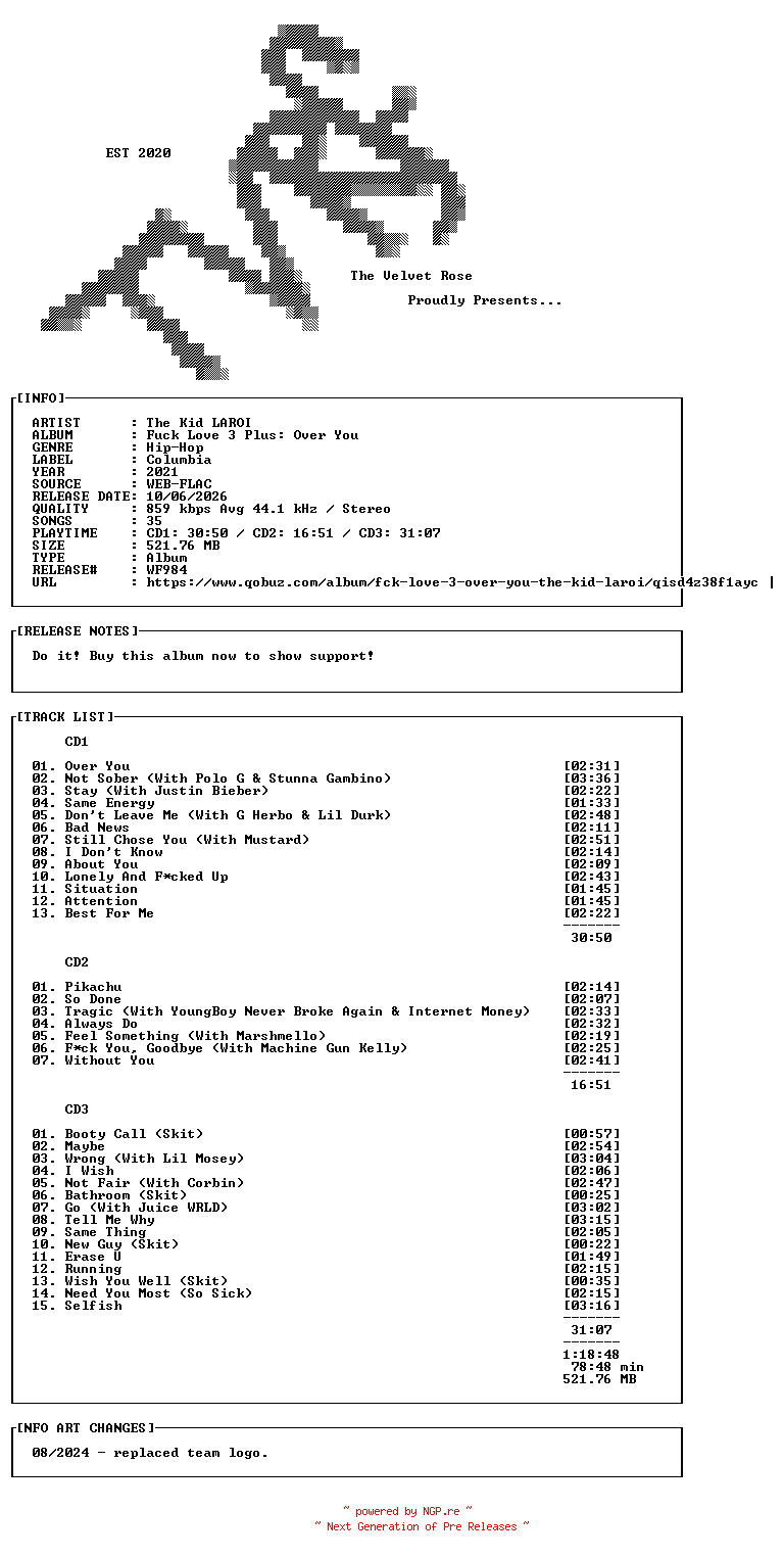 NFO for the release The_Kid_LAROI-Fuck_Love_3_Plus_Over_You-16BIT-WEB-FLAC-2021-TVRf by TVRf