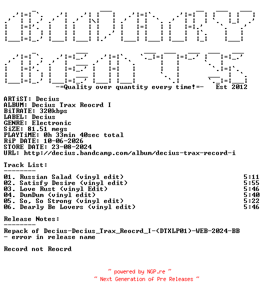 NFO for the release Decius-Decius_Trax_Reocrd_I-(DTXLP01)-REPACK-WEB-2024-BB by BB