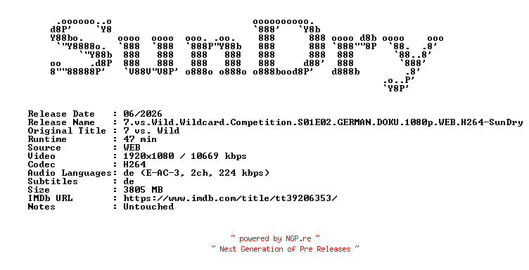 NFO for the release 7.vs.Wild.Wildcard.Competition.S01E02.GERMAN.DOKU.1080p.WEB.H264-SunDry by SunDry