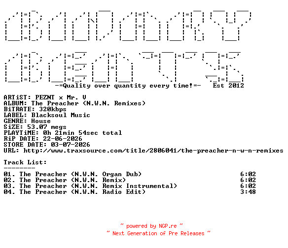 NFO for the release PEZNT_X_Mr._V-The_Preacher_(N.W.N._Remixes)-(BSM290)-WEB-2026-BB by BB