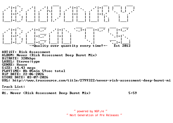 NFO for the release Risk_Assessment-Never_(Risk_Assessment_Deep_Burnt_Mix)-(ST084)-SINGLE-WEB-2026-BB by BB