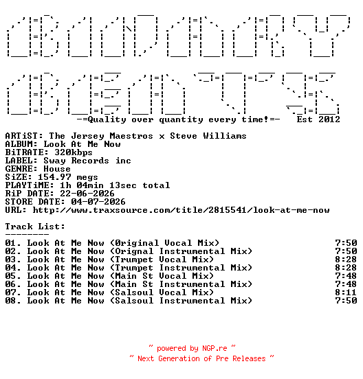 NFO for the release The_Jersey_Maestros_x_Steve_Williams-Look_At_Me_Now-(SRI100020A)-WEB-2026-BB by BB