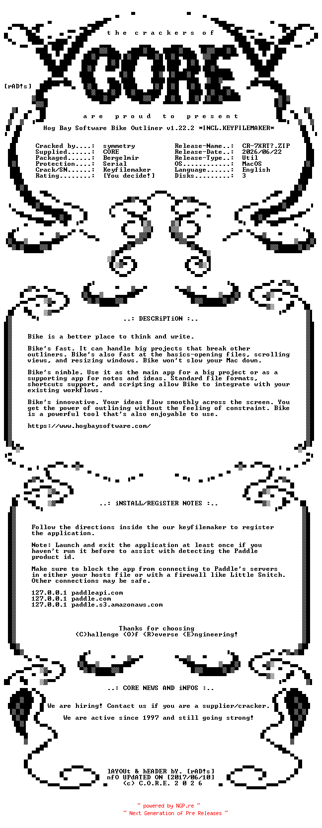 NFO for the release Hog.Bay.Software.Bike.Outliner.v1.22.2.MacOS.Incl.Keyfilemaker-CORE by CORE