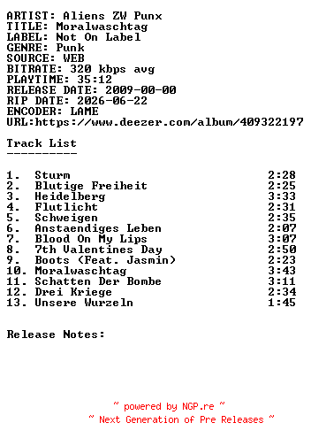 NFO for the release Aliens_ZW_Punx-Moralwaschtag-WEB-DE-2009-SDR by SDR