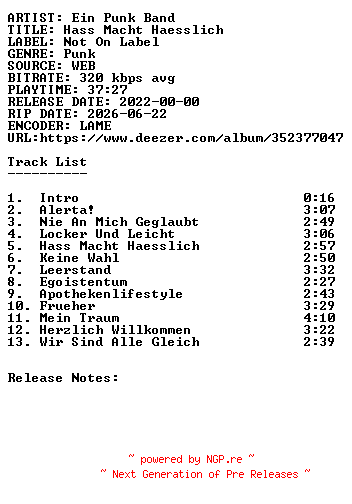 NFO for the release Ein_Punk_Band-Hass_Macht_Haesslich-WEB-DE-2022-SDR by SDR