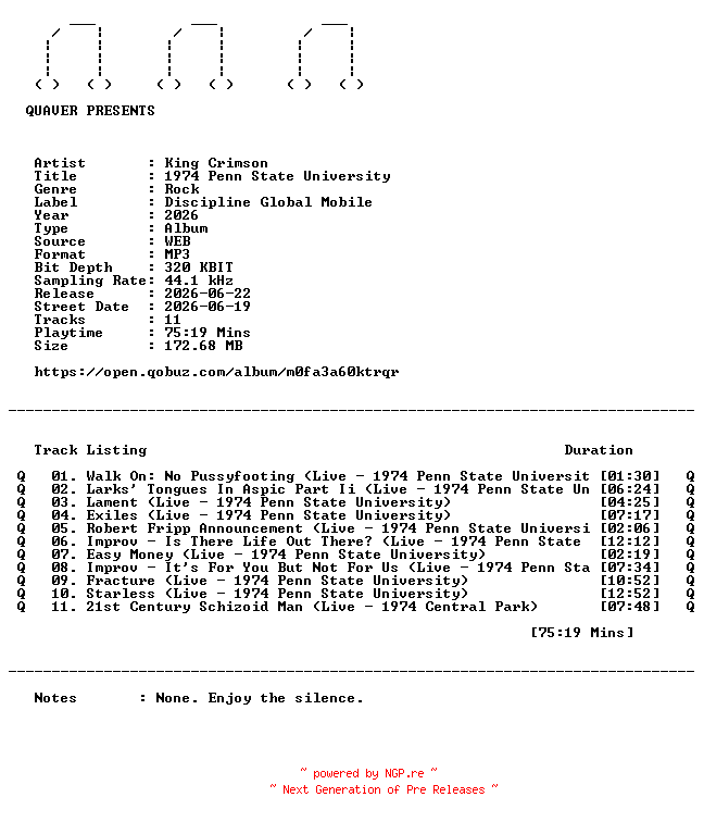NFO for the release King_Crimson-1974_Penn_State_University-WEB-2026-QUAVER by QUAVER