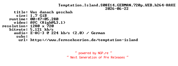 NFO for the release Temptation.Island.S08E14.GERMAN.720p.WEB.h264-HAXE by HAXE