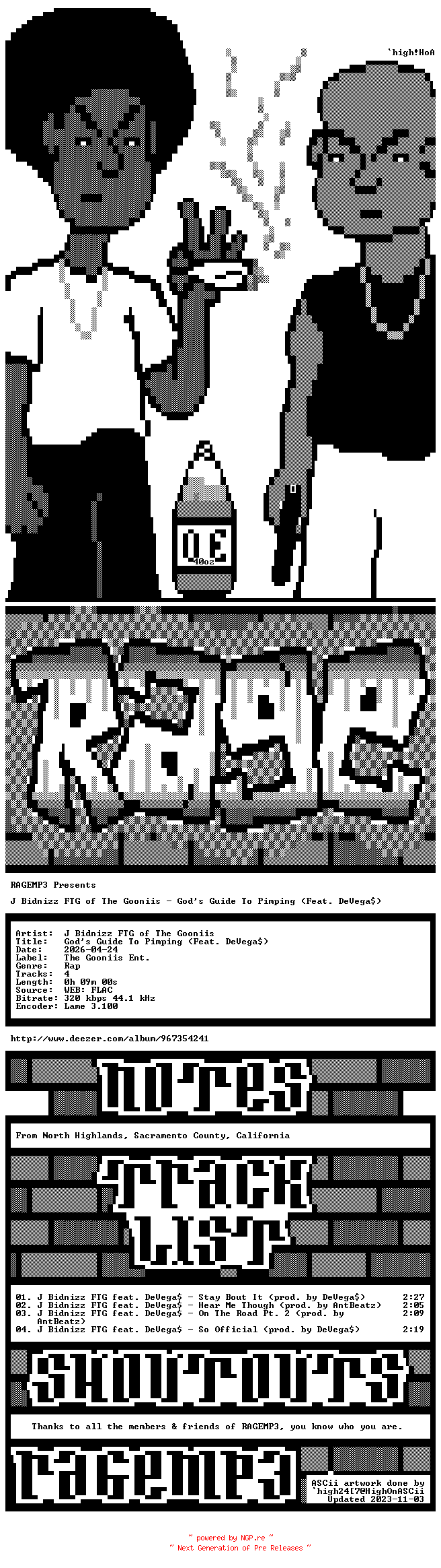NFO for the release J_Bidnizz_FTG_of_The_Gooniis-Gods_Guide_To_Pimping_(Feat._DeVegaS)-EP-WEB-2026-RAGEMP3 by RAGEMP3