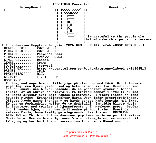 NFO for the release Anna.Jansson.Frygtens.Labyrint.2026.DANiSH.RETAiL.ePub.eBOOK-DECiPHER by DECiPHER