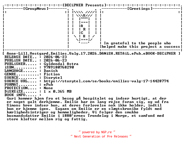 NFO for the release Anne.Lill.Vestgard.Emilies.Valg.17.2026.DANiSH.RETAiL.ePub.eBOOK-DECiPHER by DECiPHER