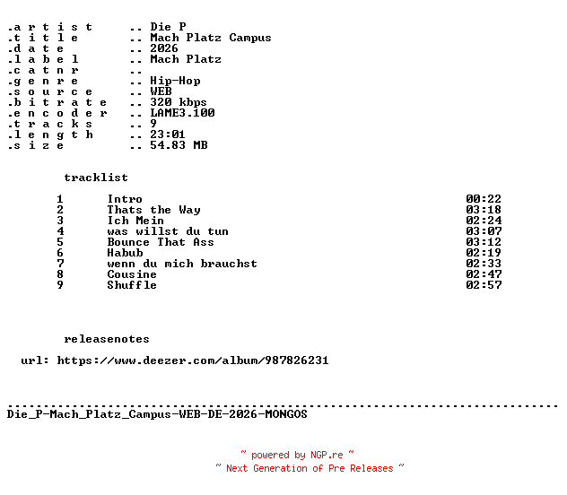 NFO for the release Die_P-Mach_Platz_Campus-WEB-DE-2026-MONGOS by MONGOS