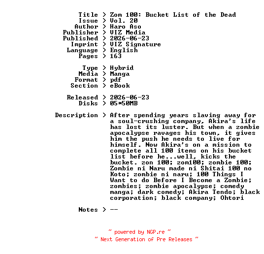 NFO for the release VIZ.Media.Zom.100.Bucket.List.of.the.Dead.Vol.20.2026.HYBRiD.MANGA.eBook-PNLS by PNLS