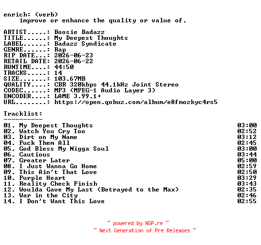 NFO for the release Boosie_Badazz-My_Deepest_Thoughts-WEB-2026-ENRiCH by ENRiCH