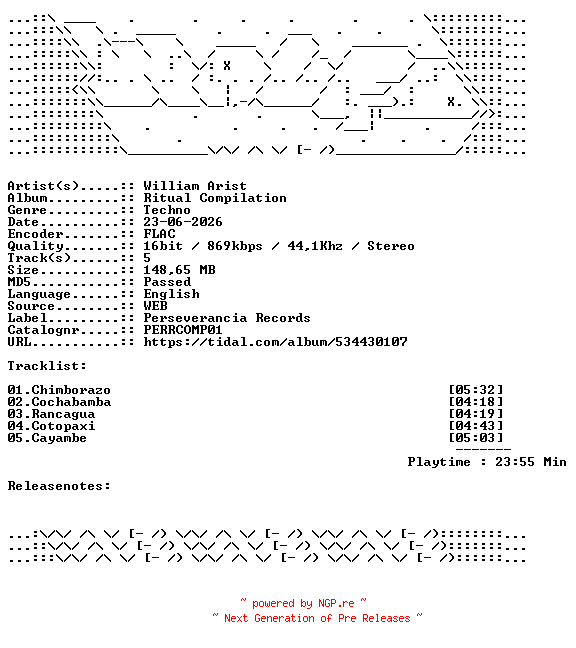 NFO for the release William_Arist-Ritual_Compilation-PERRCOMP01-16BIT-WEB-FLAC-2026-WAVED by WAVED