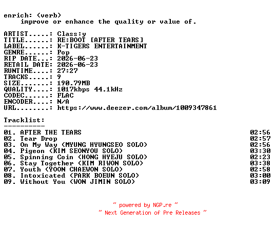 NFO for the release Classy-REBOOT_(AFTER_TEARS)-KR-EP-16BIT-WEB-FLAC-2026-ENRiCH by ENRiCH