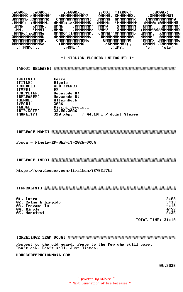 NFO for the release Fosca_-_Rigole-EP-WEB-IT-2026-UOVA by UOVA