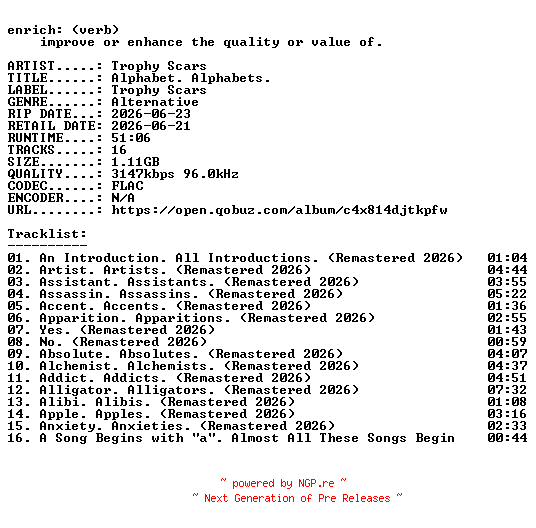 NFO for the release Trophy_Scars-Alphabet._Alphabets.-REMASTERED-24BIT-WEB-FLAC-2026-ENRiCH by ENRiCH