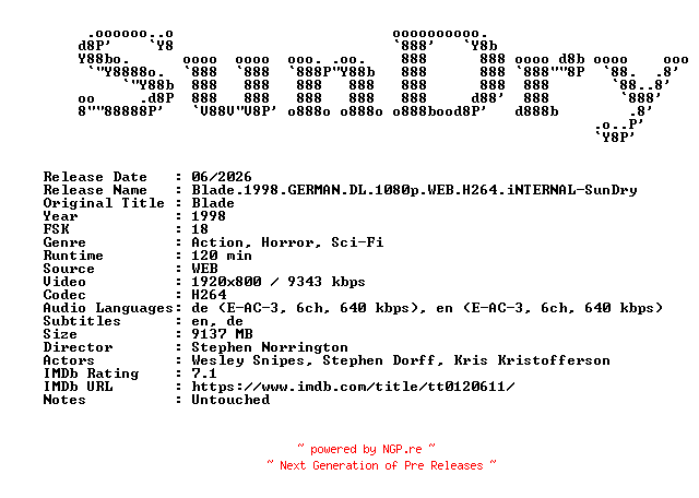 NFO for the release Blade.1998.GERMAN.DL.1080p.WEB.H264.iNTERNAL-SunDry by SunDry