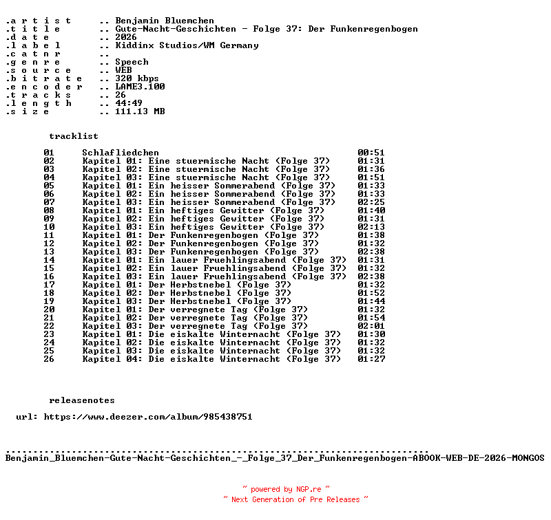 NFO for the release Benjamin_Bluemchen-Gute-Nacht-Geschichten_-_Folge_37_Der_Funkenregenbogen-ABOOK-WEB-DE-2026-MONGOS by MONGOS