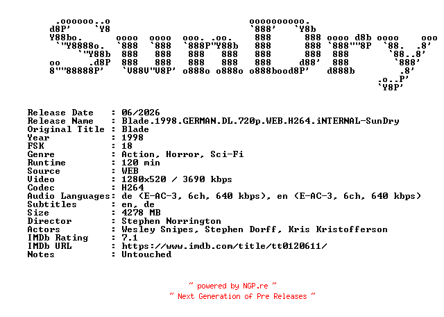 NFO for the release Blade.1998.GERMAN.DL.720p.WEB.H264.iNTERNAL-SunDry by SunDry