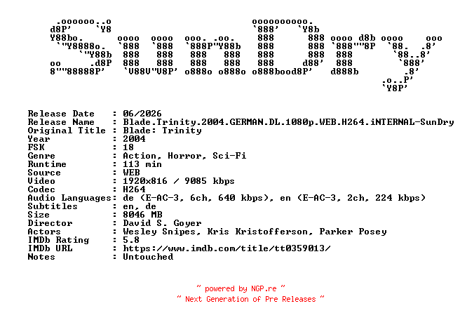 NFO for the release Blade.Trinity.2004.GERMAN.DL.1080p.WEB.H264.iNTERNAL-SunDry by SunDry