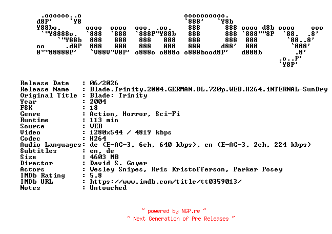 NFO for the release Blade.Trinity.2004.GERMAN.DL.720p.WEB.H264.iNTERNAL-SunDry by SunDry