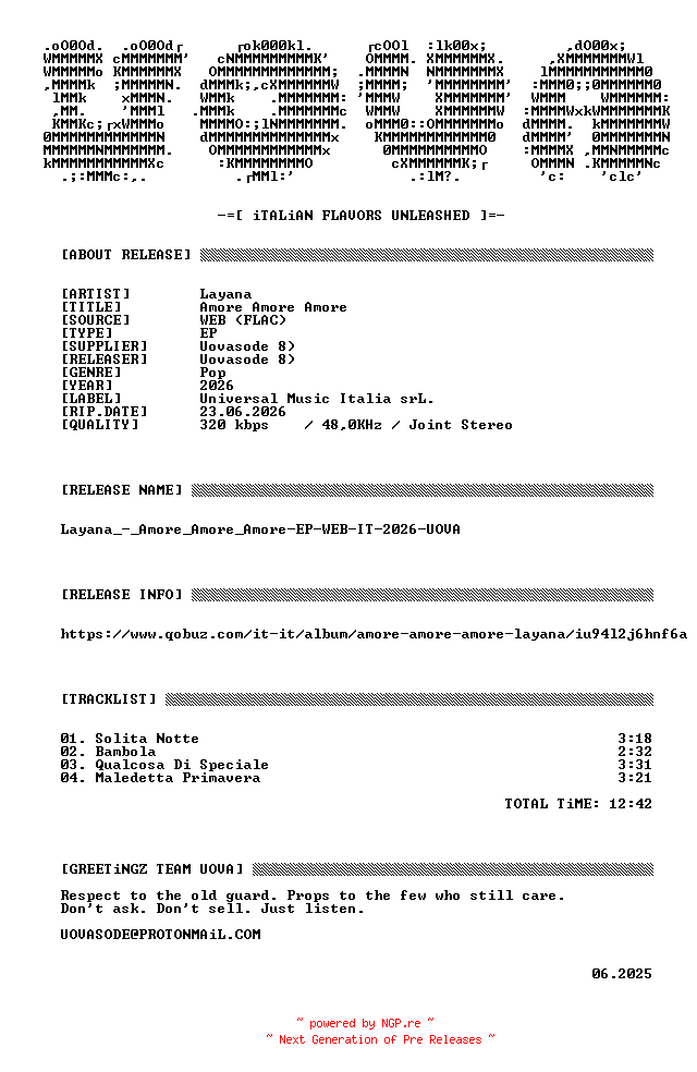 NFO for the release Layana_-_Amore_Amore_Amore-EP-WEB-IT-2026-UOVA by UOVA