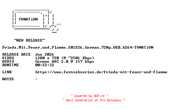 NFO for the release Frieda.Mit.Feuer.und.Flamme.S01E26.German.720p.WEB.h264-TVNATiON by TVNATiON